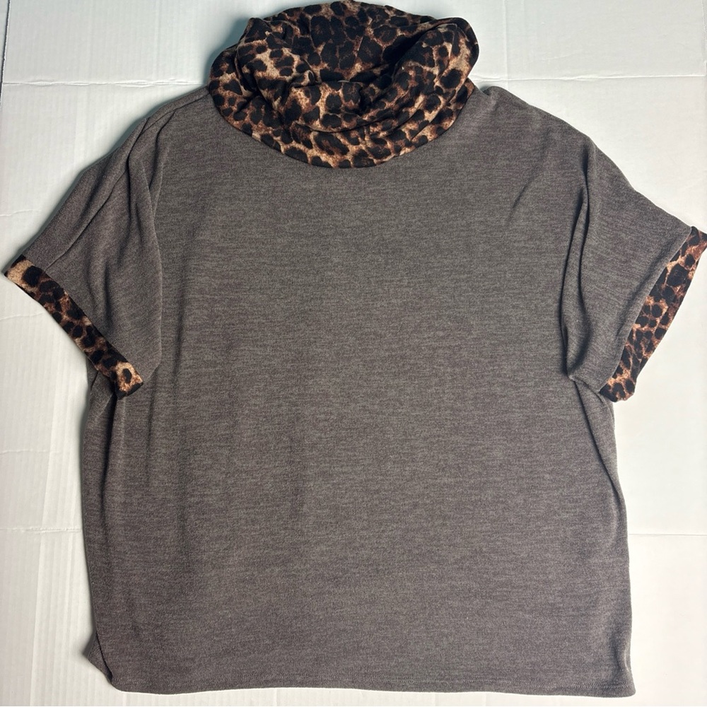 Spin Women's 3X Sweater Taupe Brown Cowl Neck Animal Print Knit Polyester Blend